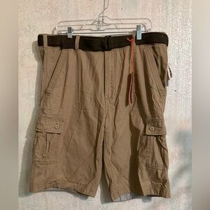 NWT Men's Wearfirst Khaki Cargo Pockets Shorts With Belt, Casual Relaxed Fit, 36